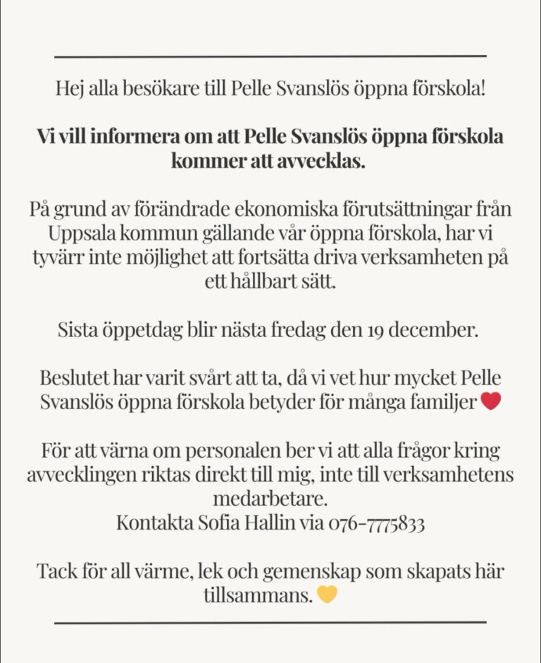 Information om avveckling av Pelle Svanslös öppna förskola